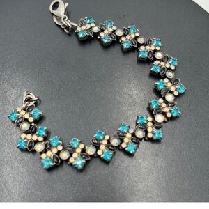 SORRELLI Teal Blue & White Crystal Geometric Antiqued Silver Bracelet